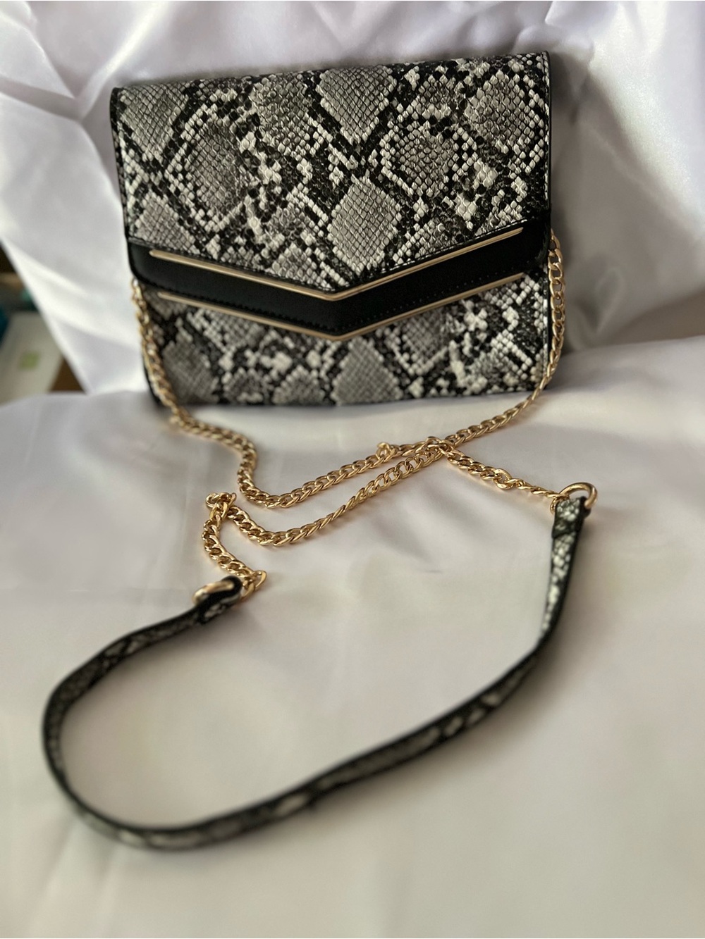 Madison West Black and Gray Snake-Print Crossbody with Gold Chain